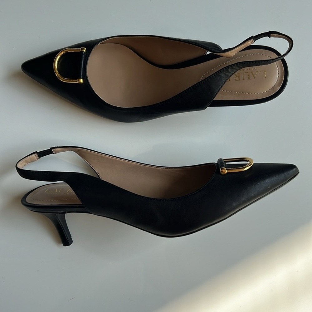 Lauren Ralph Lauren Black Slingback Kitten Heels with Gold Accent - Picture 6 of 9